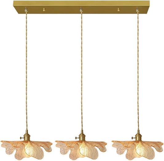 Blown Glass Chandelie for Dining Room 3 Light Vintage Chandelier with Amber Glass Shade Brass Pendant Light Farmhouse Gold Adjustable Hanging Light for Kitchen Dining Room Bedroom