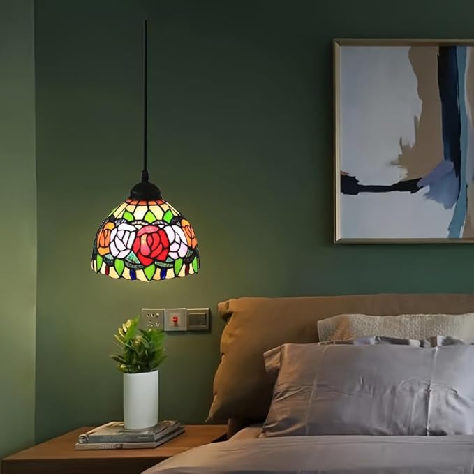 Hanging Lamp Tiffany 8 Inch Hanging Ceiling Light Vintage Farmhouse Small Stained Glass Pendant Lighting for Kitchen Island Dining Room