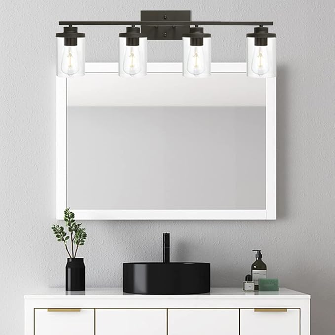 Bathroom Vanity Light Fixtures Oil Rubbed Bronze Finished 4-Light with Clear Glass Shade Contemporary Wall Sconces Bathroom Lighting Wall Mount Lamp for Kitchen Entryway Living Room Hallway