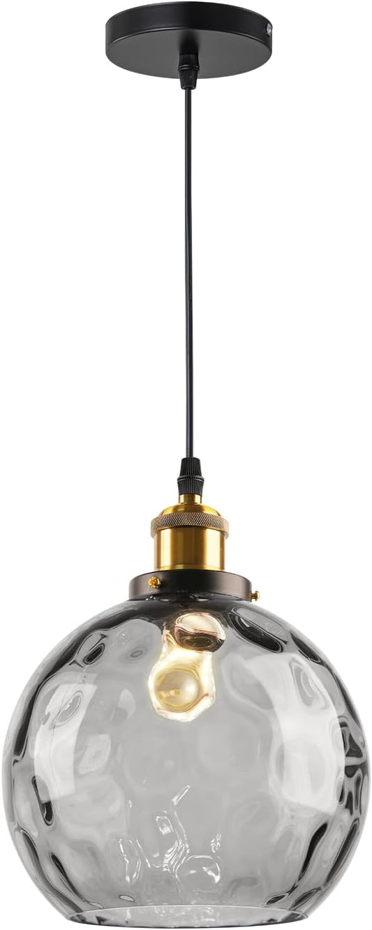 Smoke Gray Glass Pendant Light, Vintage Pendant Lights Kitchen Island Dining Room Pendant Lighting with Hammered Globe Shade, Industrial Hanging Light 1-Light Chandelier for Bedroom Home Bar