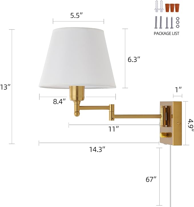 Bedside Wall Mount Light with Dimmable Switch, Swing Arm Fabric Shade Wall Sconce Light with USB Port and Plug in Cord, Gold Wall Lamp for Bedroom, Living Room and Hotel
