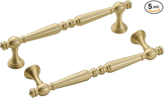 -5 Pack Solid Brass Kitchen Cabinet Pulls, 5 Inch Hole Distance Brushed Matt Gold Dresser Drawer Handles, Furniture Hardware for Cupboard Wardrobe Bifold Door