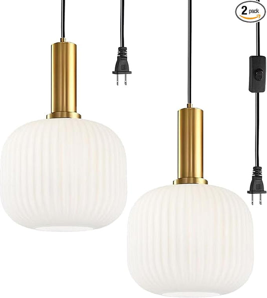 White Pendant Lights Plug in Milk Glass Hanging Light with Plug in Cord 14.75FT Adjustable Mid Century Hanging Lights for Kitchen Island Dining Room Living Room Bar, 2 Pack