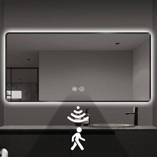 36"x48" Black LED Bathroom Mirror, Metal Framed, Rounded Rectangle, Bathroom Backlit Mirror, Anti-Fog, Stepless Dimmable, Smart Lighted Mirror for Vanity, Infrared Motion Sensor Lights, Memory