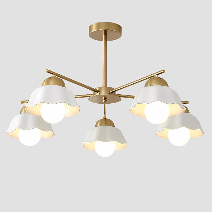 5-Light Modern Chandelier Large Opal White Glass Sputnik Pendant Light Fixture Brass Semi Flush Mount Ceiling Light Vintage Living Room Close to Ceiling Chandelier Light for Bedroom MCL08-5 GD