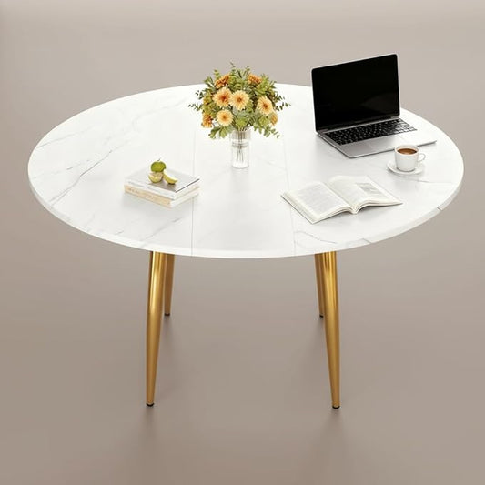 42"-54" Round Extendable Dining Room Table for 4–6, White Faux Marble & Wood Grain Top with Gold Metal Legs, Modern Luxury Oval Dining Room Table, Space-Saving Kitchen Table, Easy Assembly