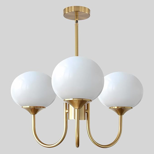 3 Light Gold Milk Glass Chandelier Gold Brass Globe Chandelier MCM Sputnik Ceiling Light Fixture Vintage Pendant Light for Dining Room Living Room Kitchen