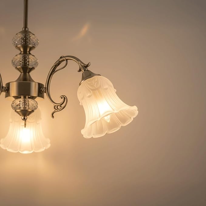 Farmhouse Chandelier, Vintage French Country 3-Light Ceiling Light, Frosted Glass Bell Shades, Crystal Accents, Antique Bronze Metal, Floral Chandelier, Elegant Lamp for Dining Room, Living Room