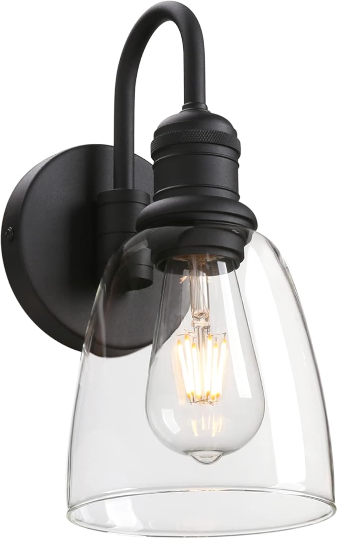 1-Light Vintage Gooseneck Wall Sconce Lamp with Cloche Clear Glass Shade, Industrial Indoor Wall Light Fixture for Bathroom Living Room Bedroom Over Kitchen Sink