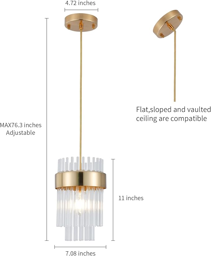 Gold Pendant Lights Kitchen Island,1-Light Crystal Pendant Light Fixtures Over Island,Modern Brass Mini chandelier For Dining Room, Adjustable Cord Hanging Lights For Bedroom,Bar,Sink,Entryway