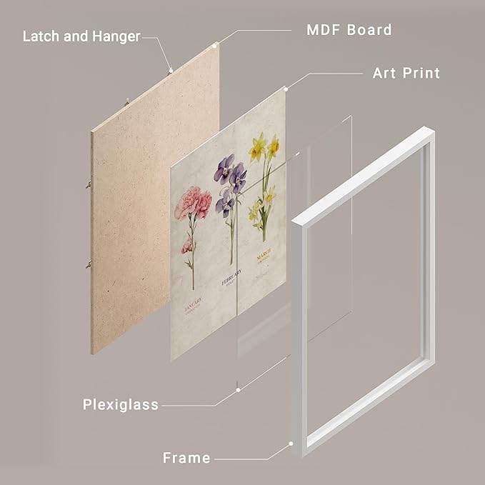 SIGNWIN Framed Set Vintage Floral Birth Month Botanical Prints Antique Flower Illustrations Modern Art Decorative Scenic Multicolor Nature Wilderness for Bedroom - 8"x10"x 4 White