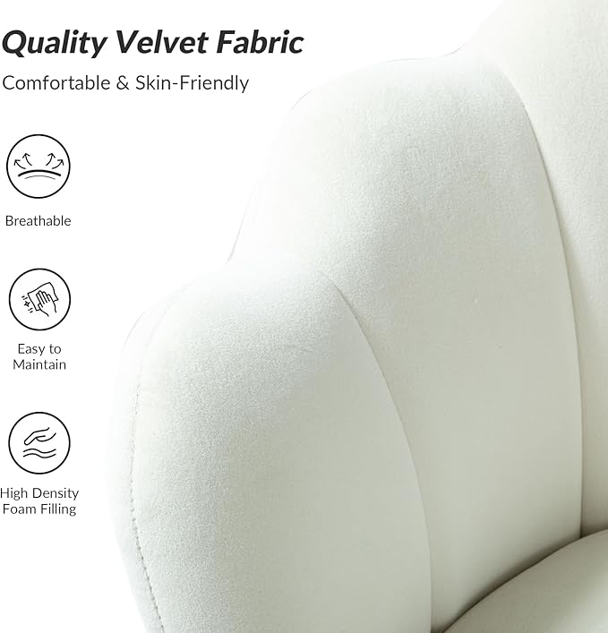 HULALA HOME Modern Velvet Accent Chair with Shell Shaped Back, Cute Living Room Bedroom Armchair with Gold Legs, Comfy Upholstered Vanity Chair for Makeup Room, Ivory