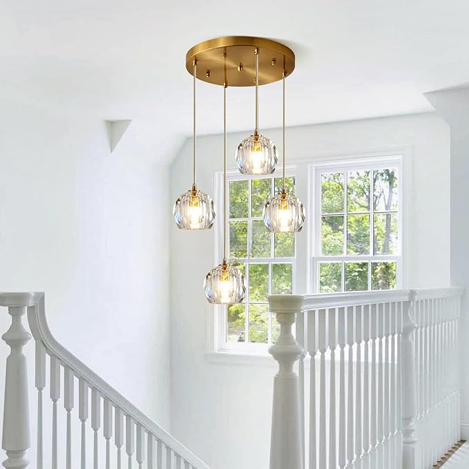 Gold Crystal Pendant Light Mid Century Modern 4-Lights Cluster Pendant Lighting Anti Brass Adjustable Hanging Ceiling Light Vintage Round Kitchen Island Chandelier Light Fixture