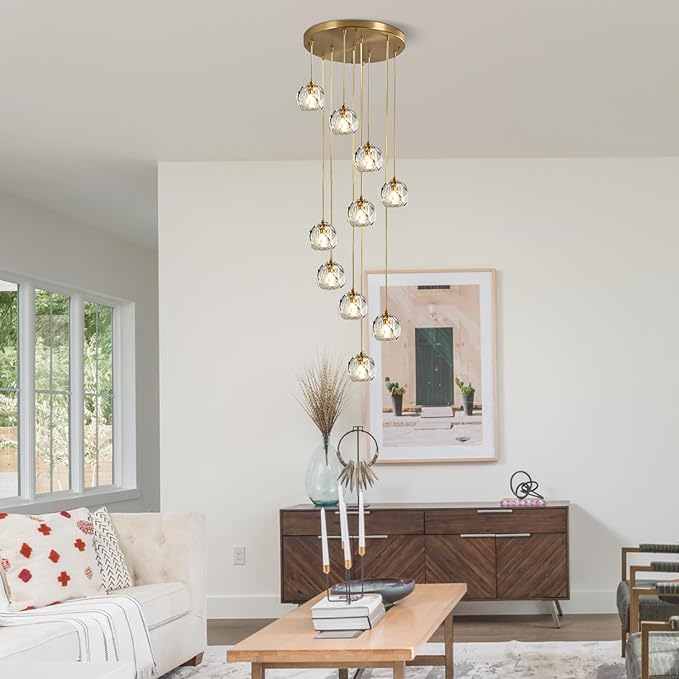 10 Light Crystal Chandeliers Brushed Gold Cluster Pendant Light Fixture Long High Ceiling Crystal Staircase Chandelier Modern Raindrop Hanging Chandelier