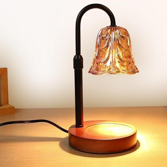 Candle Warmer Lamp with Timer and Dimmer - Adjustable Height Wax Melt Warmer, 4 Brightness Levels, 2/4/8H Timer, Wood Base & Glass Shade, Includes 2 GU10 Halogen Bulbs for Home Decor
