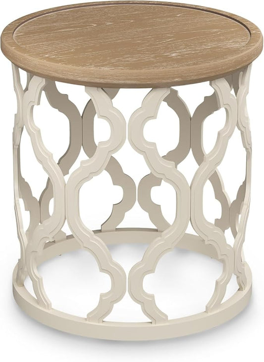 VONLUCE Farmhouse End Table,17.7'' Round French Country Side Table,Distressed Wood Tray Top Rustic Accent Table with Lipped Edge for Living Room Dining Room Bedroom,Small Space,Beige