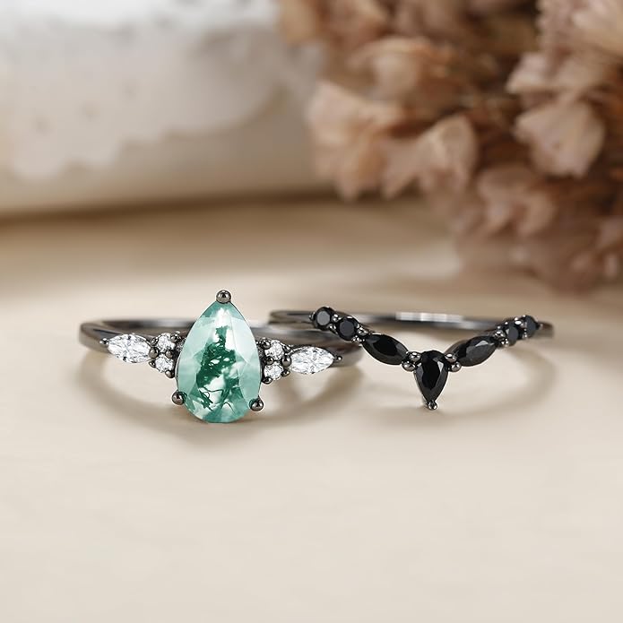 Black Gold Plated Natural Moss Agate Bridal Wedding Ring Sets for Women, 925 Sterling Silver Gothic Vintage Promise Rings and Eternity Black Spinel Band for Her - Boho Art Deco Platinum Plated Engagement Rings Size 4-9
