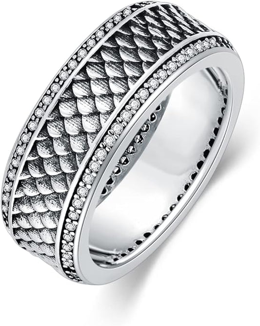 Dragon Scales Band Ring for Men Sterling Silver Vintage Gothic Punk Ring Jewelry