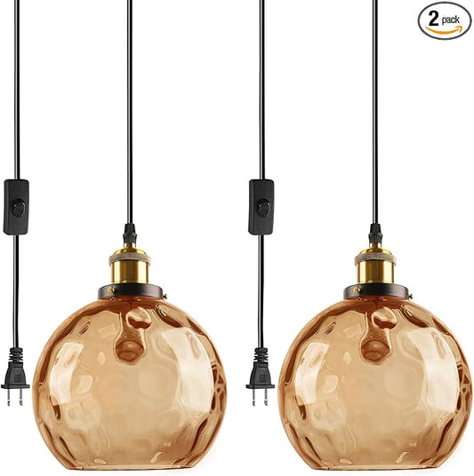 Amber Glass Hanging Lamp, Plug in Pendant Light with 14.75 Ft Long Cord, Plug in Hanging Chandelier Vintage Celing Light Fixtures Hanging for Kitchen Dining Room Living Room Bedroom (2 Pack)