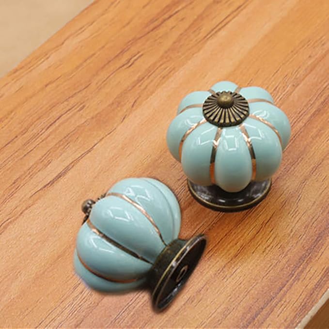 5 Pack Retro Vintage Ceramic Pumpkin Cabinet Knobs, Kitchen Cabinet Drawers Dresser Cupboard Pull Handles Door Pulls with 3 Kinds of Screws (5 Pack, Sky Blue)