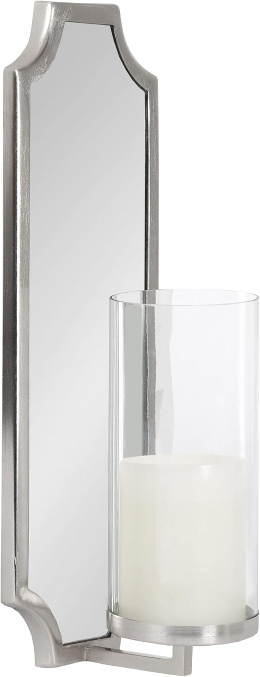 Kate and Laurel Ciel Glam Mirrored Wall Sconce; 6 x 5 x 16; Silver; Traditional Scalloped Candle Holder with Removable Glass Cylinder and Mirror for Bathroom or Bedroom Wall Decor
