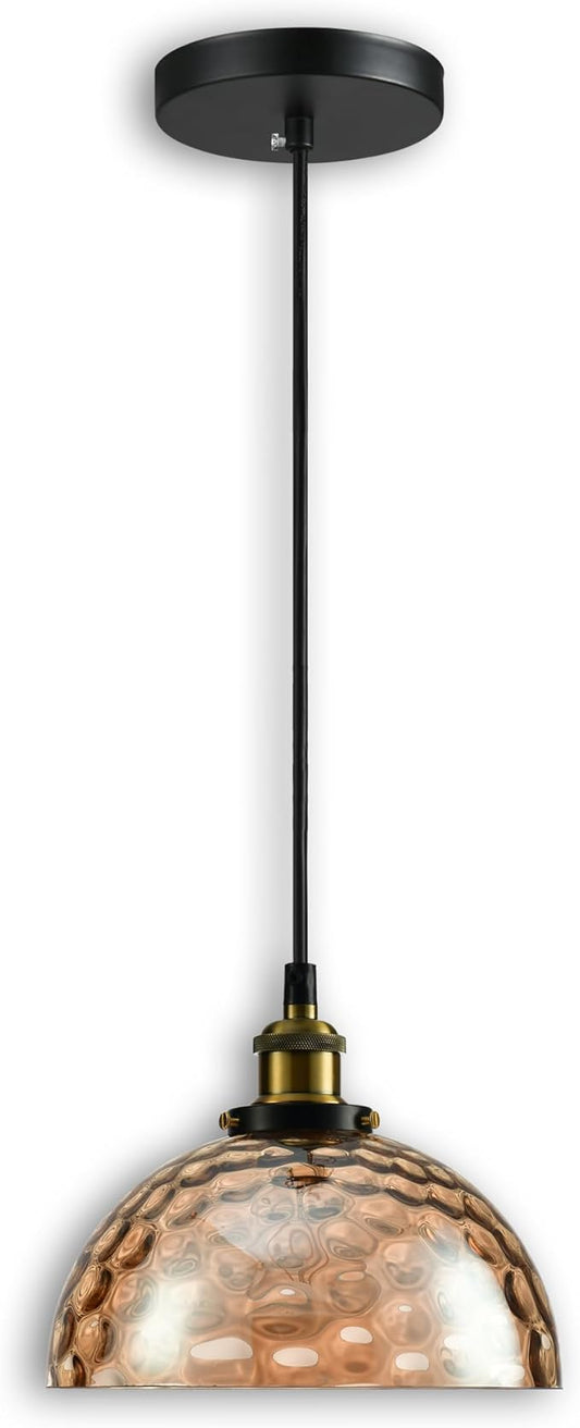 Modern Glass Pendant Light, 9.6"x4.8" Amber Ribbed Globe Light Fixture with Gold Cap, 15"-72" Adjustable Cord, E26 Socket for Dining or Lounge Areas – Sunrise Glow Bell