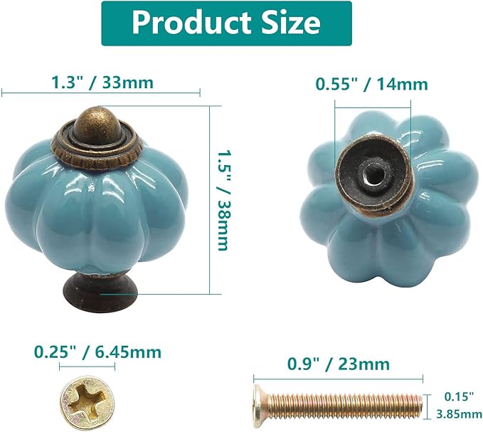 12pcs Celadon Pumpkin Knobs, Vintage Ceramic Cabinet Knobs, Dresser Drawer Door Knobs Drawer Pulls Dresser Handles with Mounting Screws