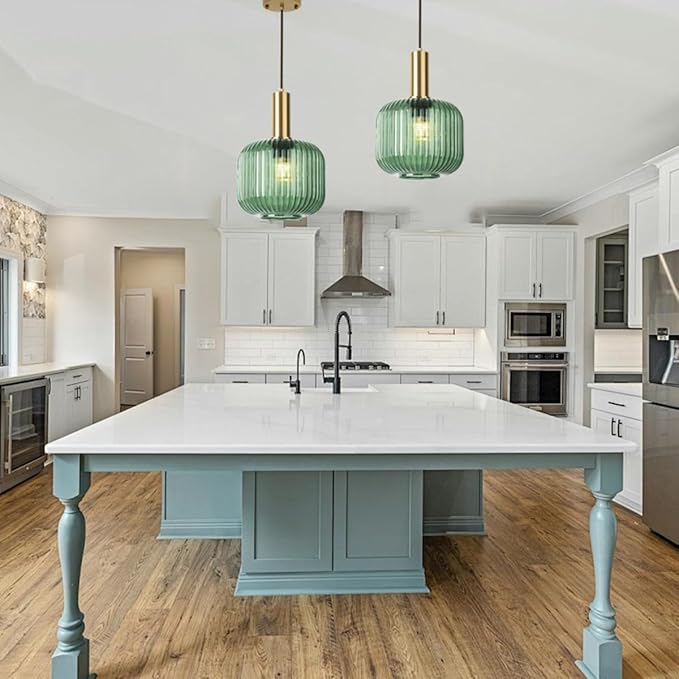 Mint Green Pendant Light 1-Light Hand Blown Glass Pendant Lamps Gold Adjustable Hanging Light Fixtures Vintage Style Small Chandelier for Kitchen Island Bedroom Dining Room