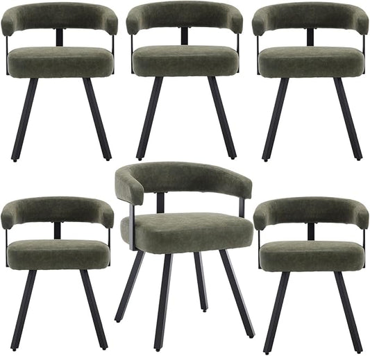 LukeAlon PU Leather Dining Chairs Set of 6, Upholstered Armchairs Side Chair with Padded Barrel Back Armrests Modern Guest Chair with Black Metal Legs for Kitchen Dining Room, Vintage Green