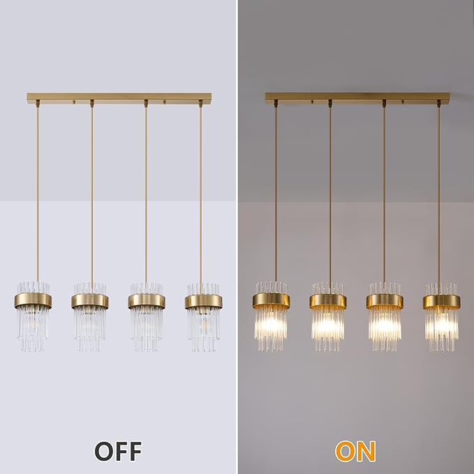 Dijiahua 4-Light Gold Pendant Lights Kitchen Island Over Table, Modern Crystal Brushed Brass Linear Chandeliers,Adjustable Cord Hanging Counter Lamp Fixture for Dinning Room,Sink