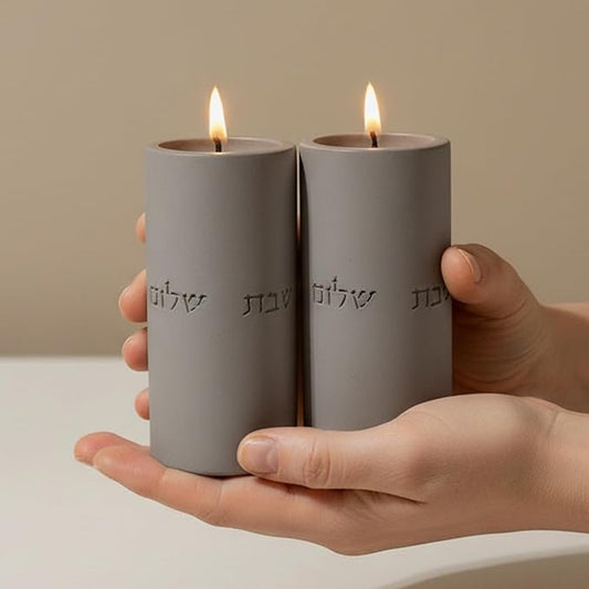 SURI Shabbat Candle Holders Set – Modern Judaica Gift for Shabbos & Jewish Holidays – Concrete Dripless Candle Holders for Tea Lights, Short & Tall – Minimalist Jewish Home Decor