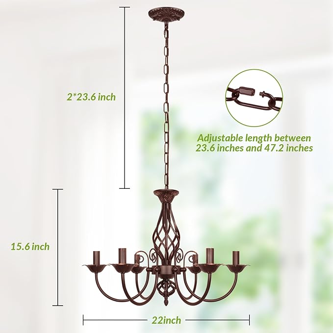 6-Light Farmhouse Candle Chandelier for Living Room, Rustic Industrial Pendant Ceiling Light fixture, Vintage Hanging Lamp for Bedroom Hallway Kitchen Dining Room Foyer, E12 Socket, Oil Rubbed Brown