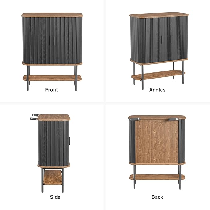 Black Coffee Bar Cabinet with Storage, Fluted Wine Liquor Cabinet with Sliding Doors, Glass Holder and Wine Rack, Buffet Sideboard for Kitchen, Dining Room, Living Room