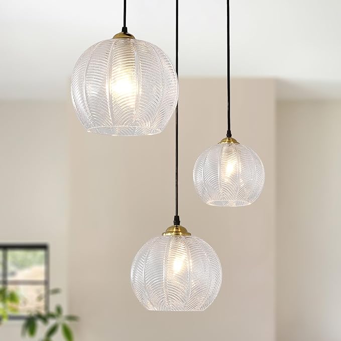 3-Light Clear Glass Pendant Light, Globe Shade Hanging Chandelier, Hand Blown Glass Ball Pendant Light Fixtures for Kitchen Island, Staircase, Dining Room, Living Room, Bedroom