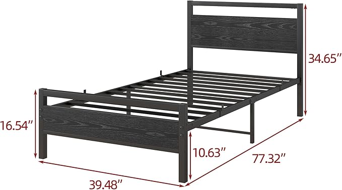 BOFENG Twin Bed Frame with Wood Headboard,Metal Single Platform Bed Frame Twin Size No Box Spring Needed,Heavy Duty Metal Slats Support,Noise Free,Single Bed Base,Easy Assembly,Black