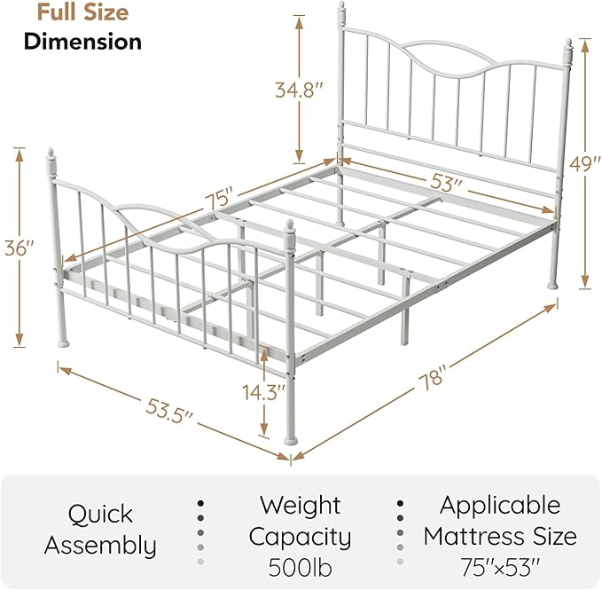 Full Size Bed Frame with Headboard, 14 Inch Tall Metal Platform Bed Frame Mattress Foundation with Footboard, Under Bed Storage, Strong Metal Slats Support, No Box Spring Needed, White