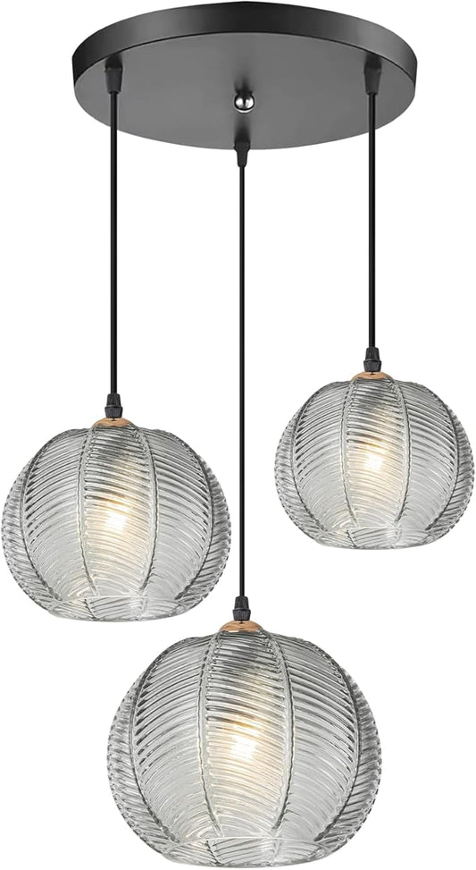 Smoke Gray Glass Pendant Lights Kitchen Island 3-Light Cluster Pendant Lighting Vintage Dining Room Multi Pendant Light Fixture Ceiling Hanging Globe Chandelier for Entryway Staircase