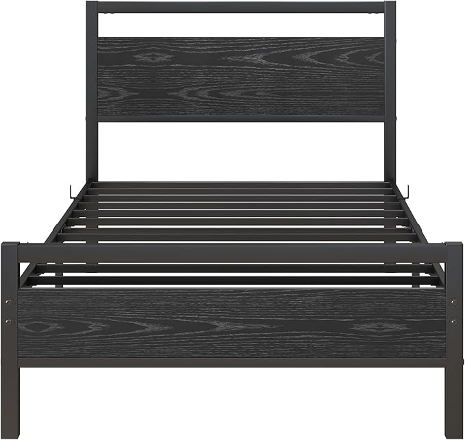BOFENG Twin Bed Frame with Wood Headboard,Metal Single Platform Bed Frame Twin Size No Box Spring Needed,Heavy Duty Metal Slats Support,Noise Free,Single Bed Base,Easy Assembly,Black