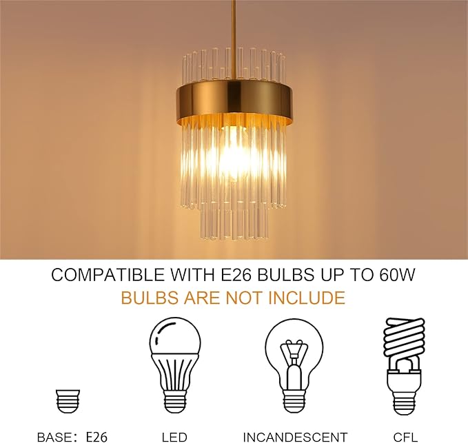Dijiahua Pendant Lights Kitchen Island Gold 3 Pack,Crystal Pendant Light Fixtures Over Table, Mini Brass Dining Room 1-Light Chandelier,Modern Adjustable Cord Hanging Lamp for Bedroom,Sink