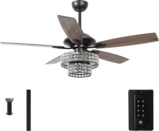Parrot Uncle Ceiling Fans with Lights and Remote 52 Inch Black Ceiling Fan with Light for Bedroom Chandelier Outdoor Ceiling Fans for Covered Patios