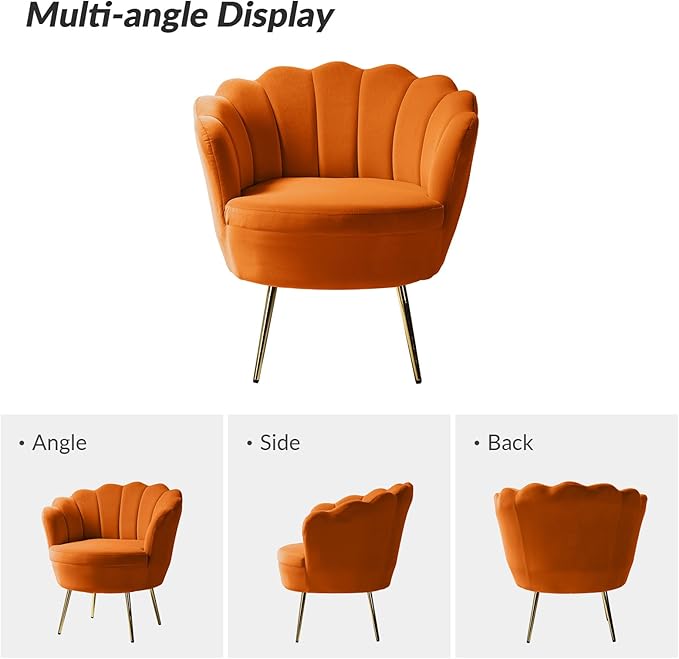 HULALA HOME Modern Velvet Accent Chairs Set of 2 with Shell Shaped Back, Cute Living Room Bedroom Armchairs with Gold Legs, Comfy Upholstered Vanity Chairs for Makeup Room, Orange