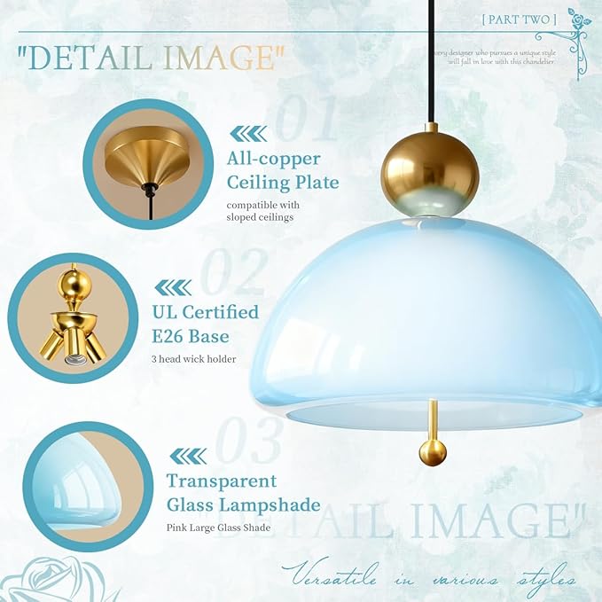 Farmhouse Large Chandelier Globe Vintage Pendant Light with Blue Glass 2-Pack Modern Hanging Lamp Fixture 1-Light for Kitchen Island, Dining Room, Hallway, Bedroom, E26 Base