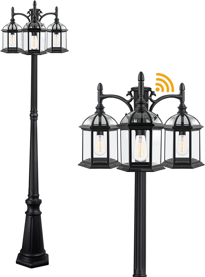 Dusk to Dawn Outdoor Lamp Post Light with 3 LED Bulbs, Triple Head Aluminum Street Light Post for Outside with Sensor, Waterproof Birdcage Pole Lighting Fixture for Backyard Garden Patio Driveway