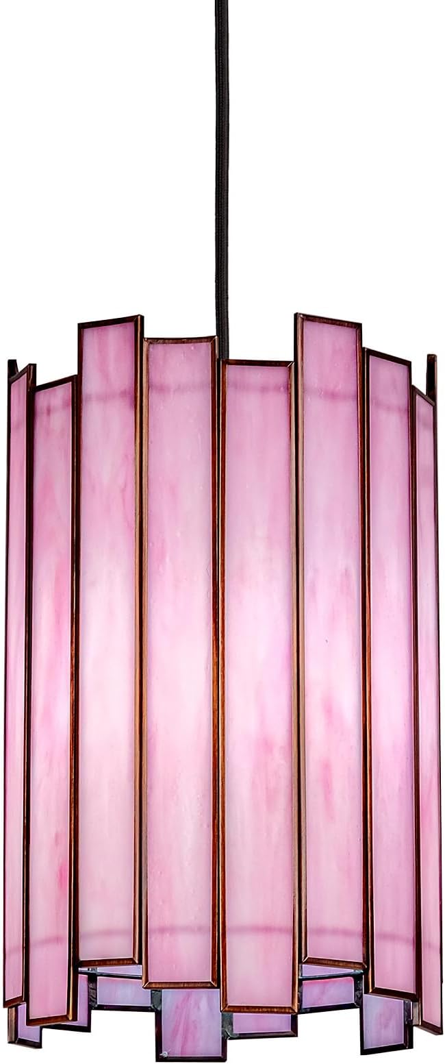 Tiffany Pendant Lighting, 7" Brass Cylindrical Hanging Lamp with Stained Glass for Foyer, Entryway, Bedroom, Dining Room, Stairwell (Pink)
