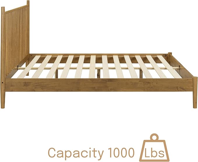 NTC Inno Wooden Bed Frame with Headboard, Solid Oak and Rubber Wood Foundation with Silent Slats and Wood Central Supports, 1000 Lb Capacity, Effortless Assembly, Queen - Teak Look