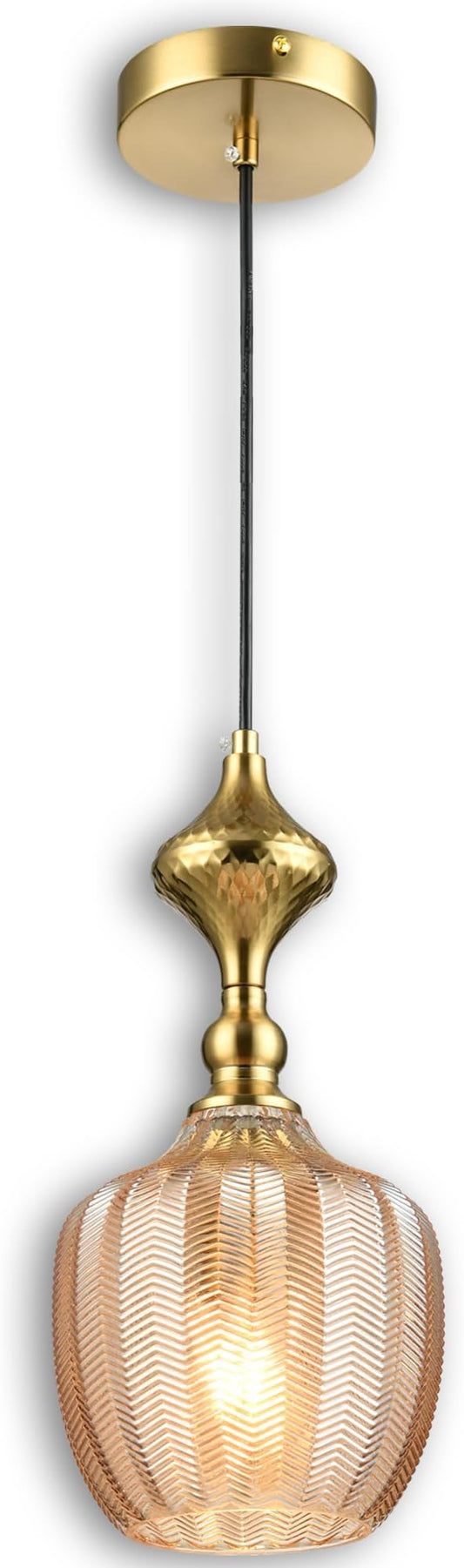 Modern Glass Pendant Light, 6.5"x14" Amber Sunset-Striped Hanging Fixture with Gold Cap, 15"-72" Adjustable Line, E26 Socket for Dining Room or Lounge – Sunset Gold Bordeaux