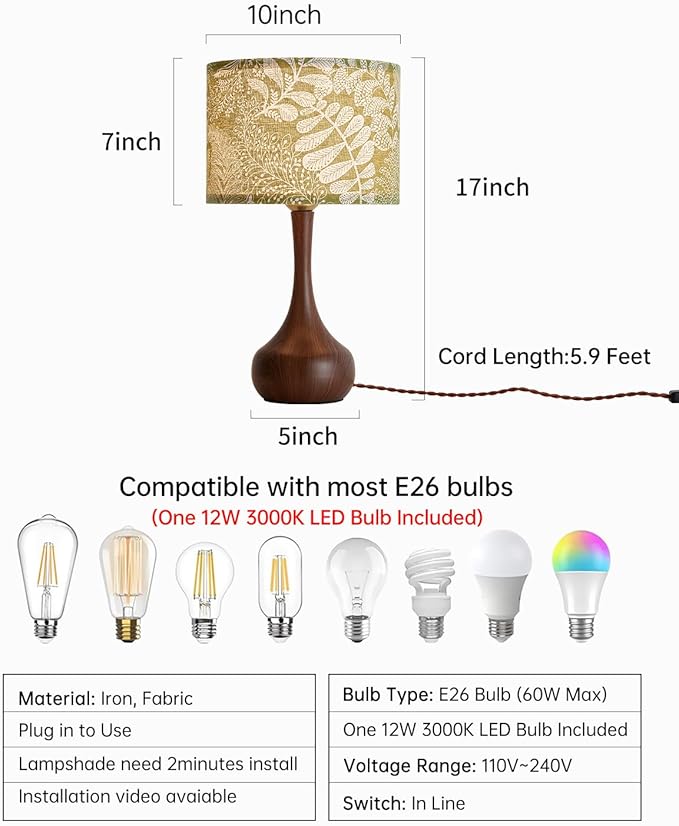 Bedside Nightstand Table Lamp for Bedroom, Vintage Boho Farmhouse Decorative Table Lamp for Living Room with Green Fabric Shade Red Wood Pattern, Desk Lamp for Home Office