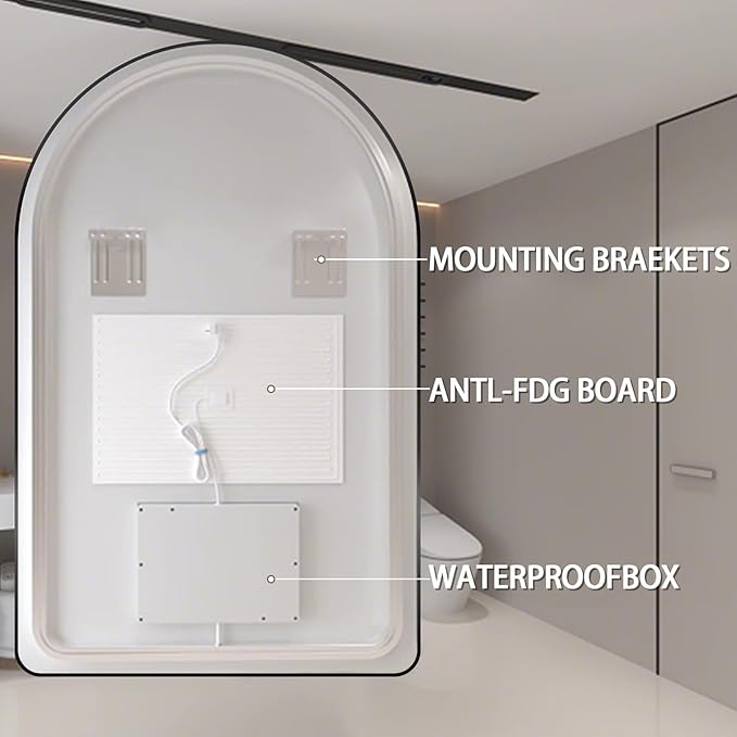 Niccy Arched LED Lighted Bathroom Mirror, 36x24 Inch Backlit Vanity Mirror with Lights Brushed Black Framed Wall Mounted Mirrors with Dimmable 3 Color Shatterproof Arch Smart Fog Free Mirror