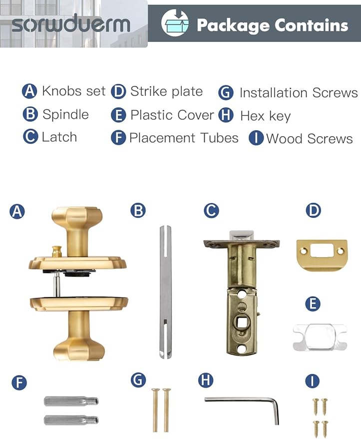 1 Pack Gold Door Knobs Privacy Door Knob Satin Brass Door Knob Interior Brushed Gold Door Knobs for Bedroom and Bathroom,Zinc Alloy