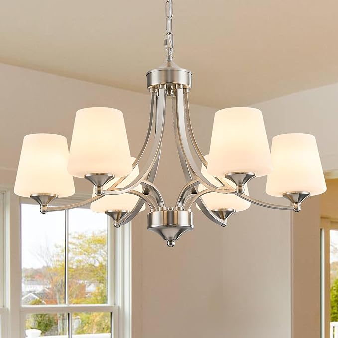 6-Light Brushed Nickel Chandeliers for Dining Room with Frosted Glass Farmhouse Silver Ceiling Hanging Lighting Fixtures Classic Pendant Lamp for Living Room,Dining Table,47.2 Height Adjustable